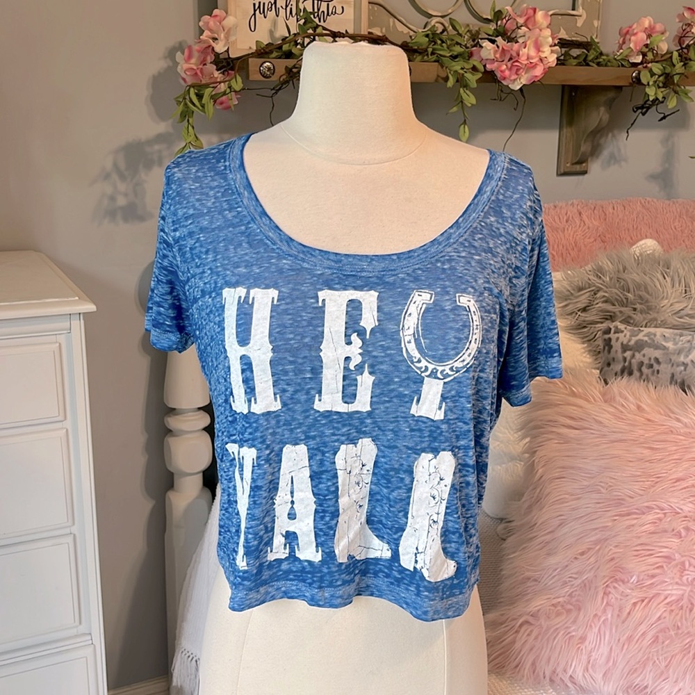 Crop Top Blue Shirt Womens Small Western Southern Workout Beach